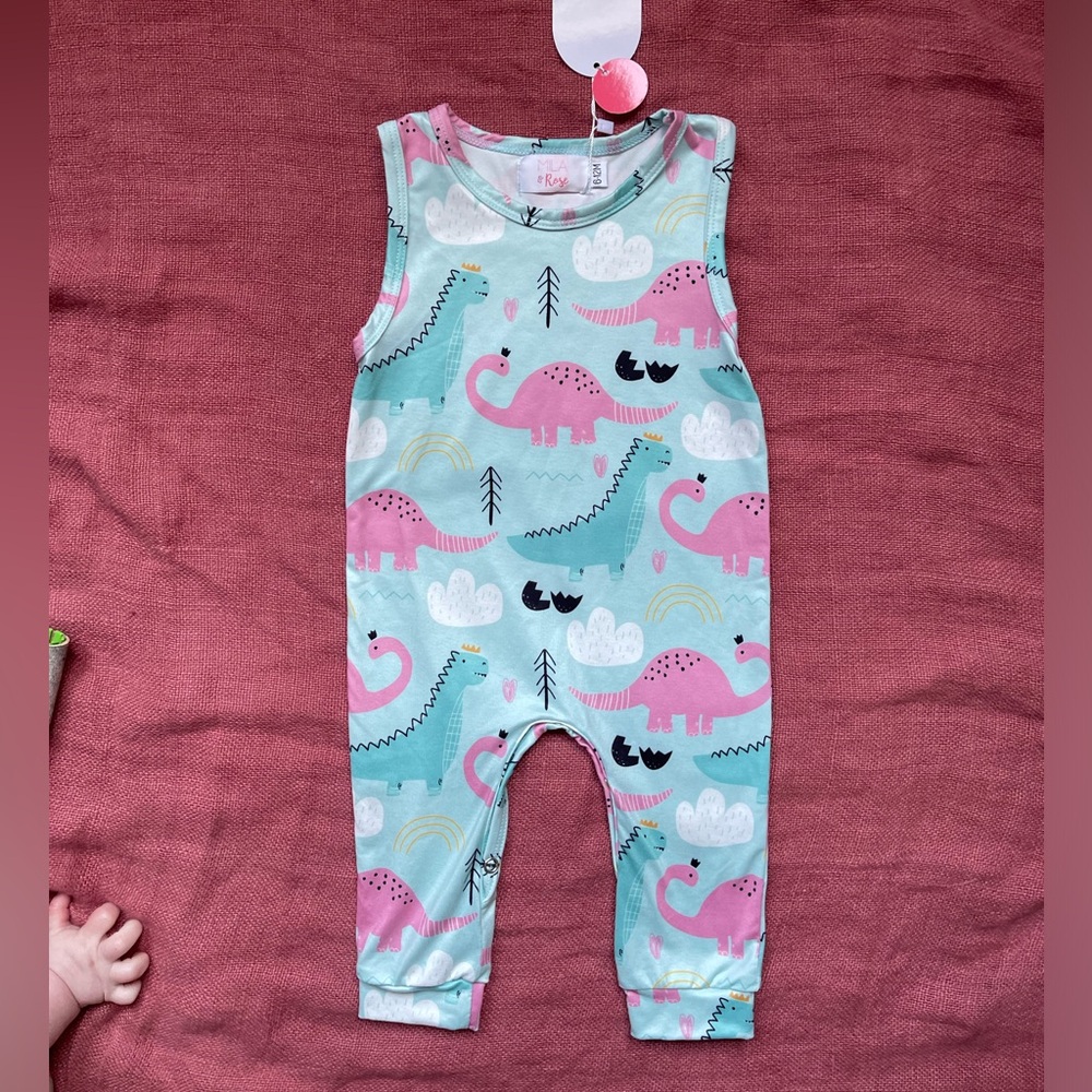 NWT Mila and Rose tank romper teal + pink dinos in crowns w/ rainbows and clouds